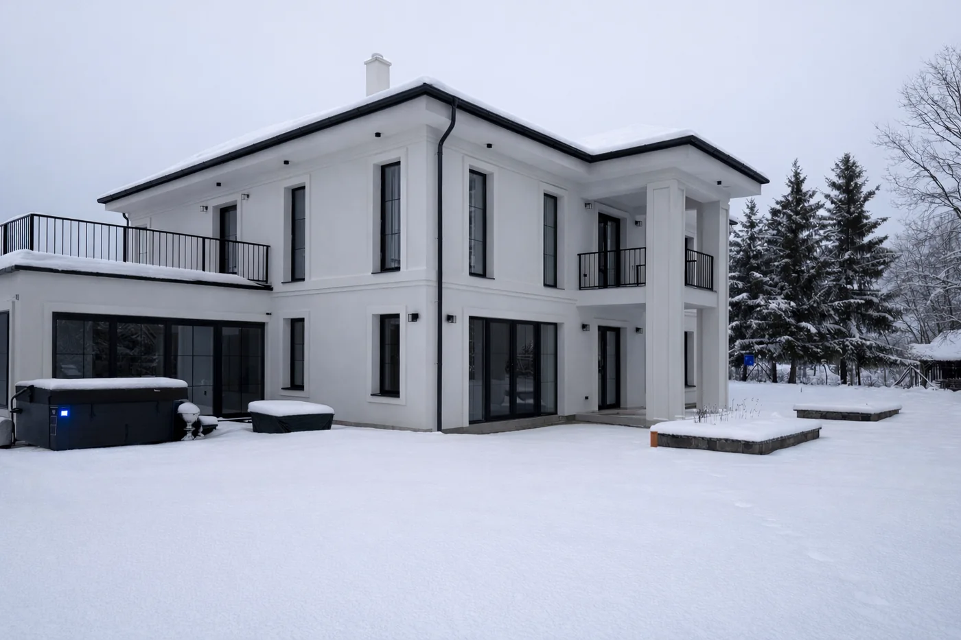 A Berek Kúria hóval borított kertje és homlokzata télen